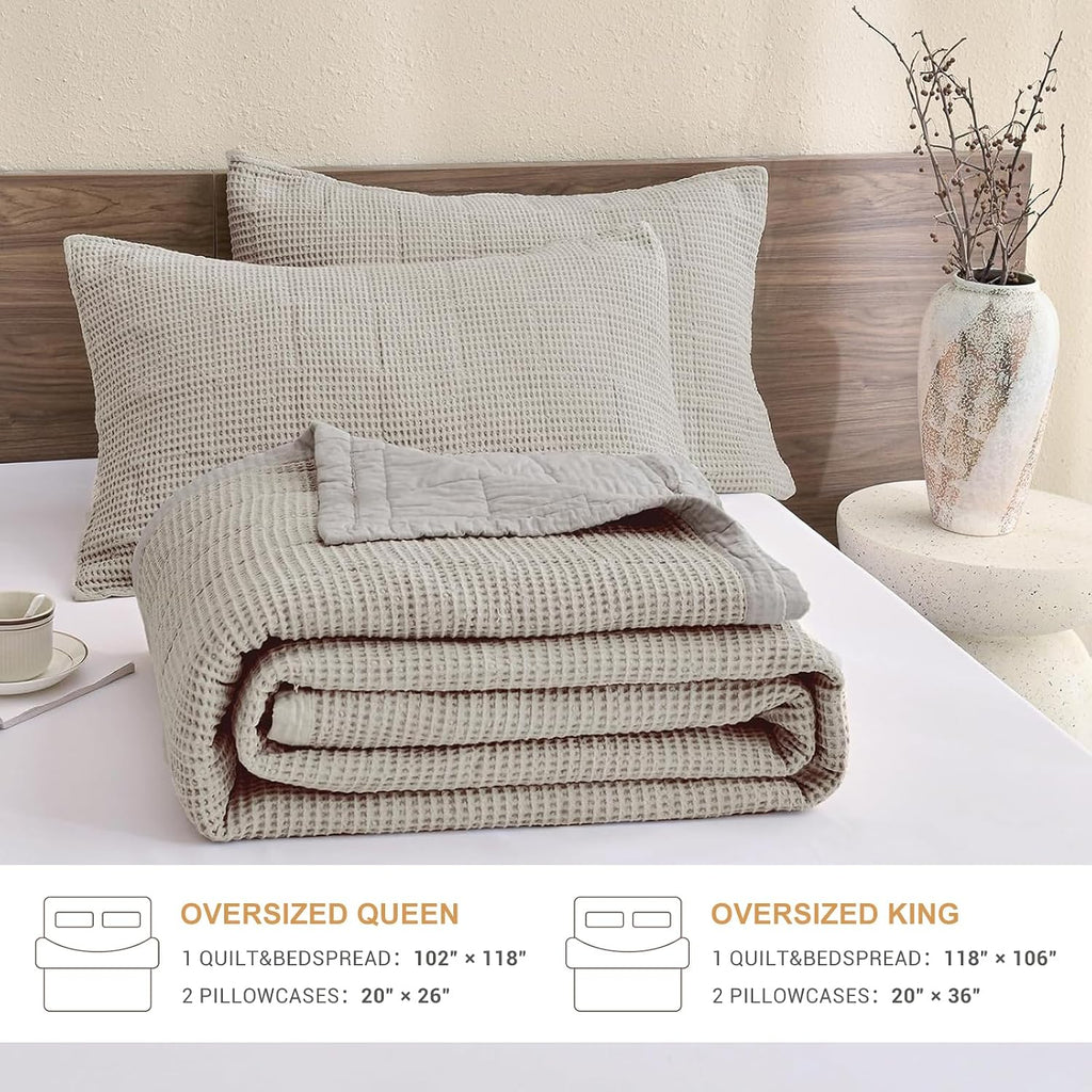 Sanracie Oversized King Quilt (106'x118'), Dark Khaki Waffle Weave Cotton Quilt Sets, 3Pcs Luxury Aesthetic Quilt Bedding Set, Soft Breathable Lightweight Farmhouse Coverlet Set for All Season