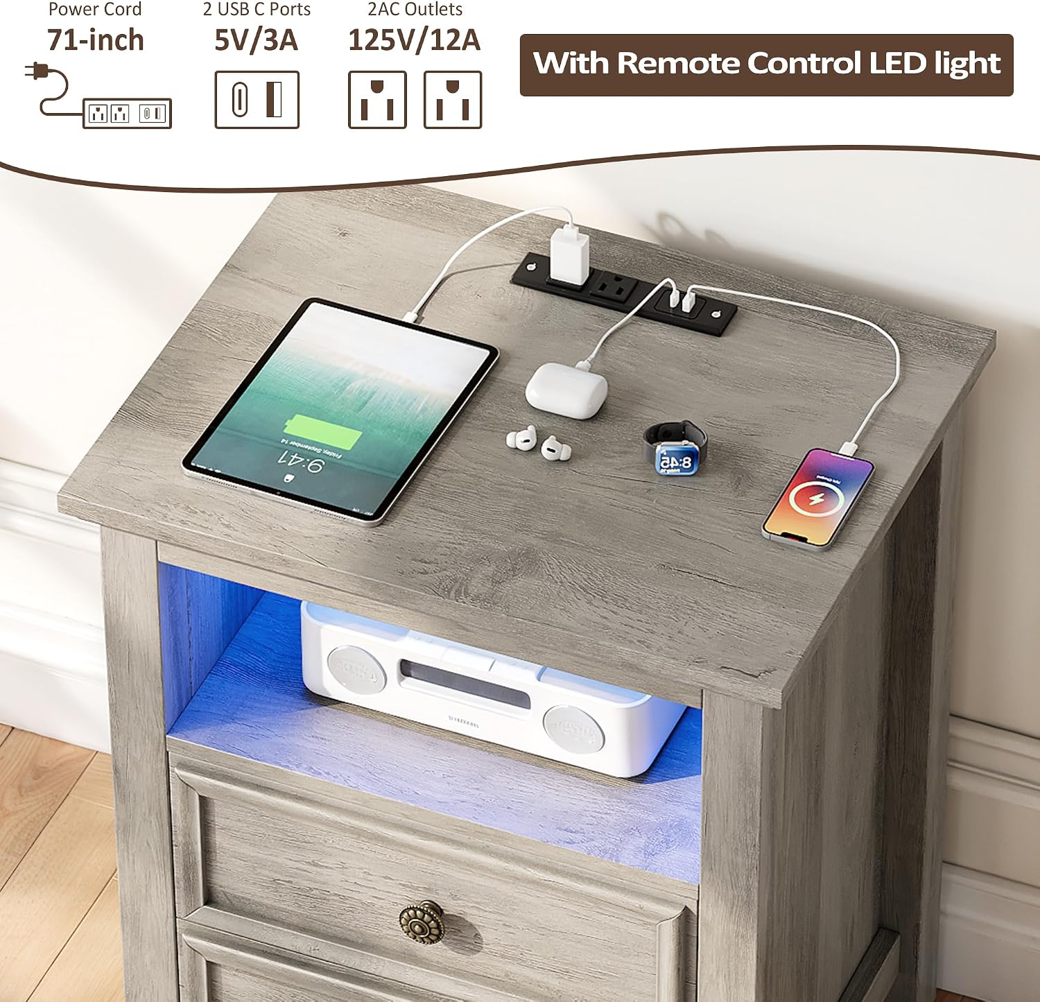 Set of 2 Nightstand with Charger Station Strip Lights,20' W Night Stand with Drawers for Bedroom, Large Accent Bed Side Table and End Table with Open Compartment-Easy Pull Handle, Textured Border,Gray