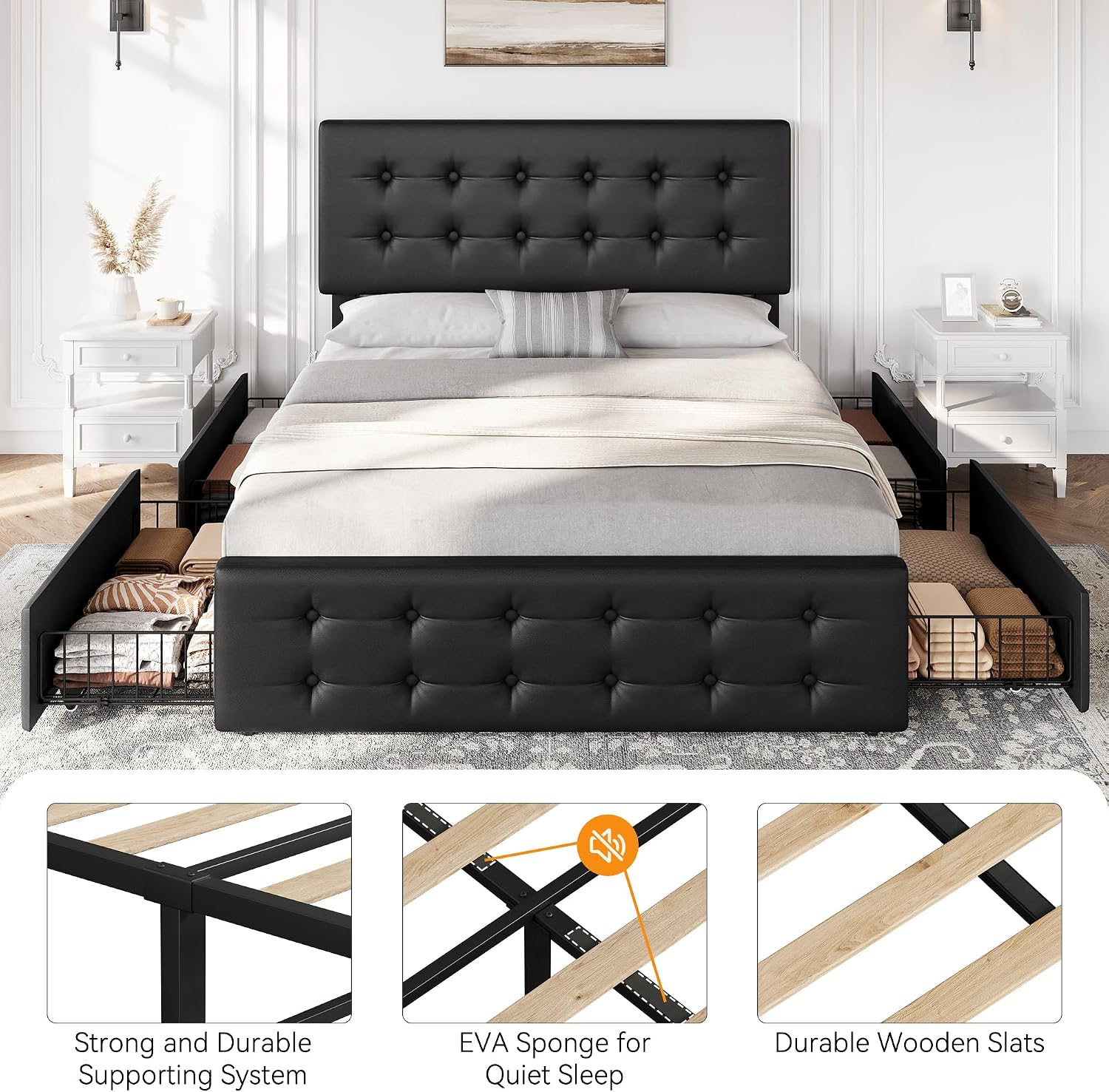 GAOMON Queen Size Bed Frame with 4 Drawers and Adjustable Headboard, PU Leather Upholstered Platform Bed with Button Tufted Design, No Box Spring Needed, Strong Wooden Slats, Black