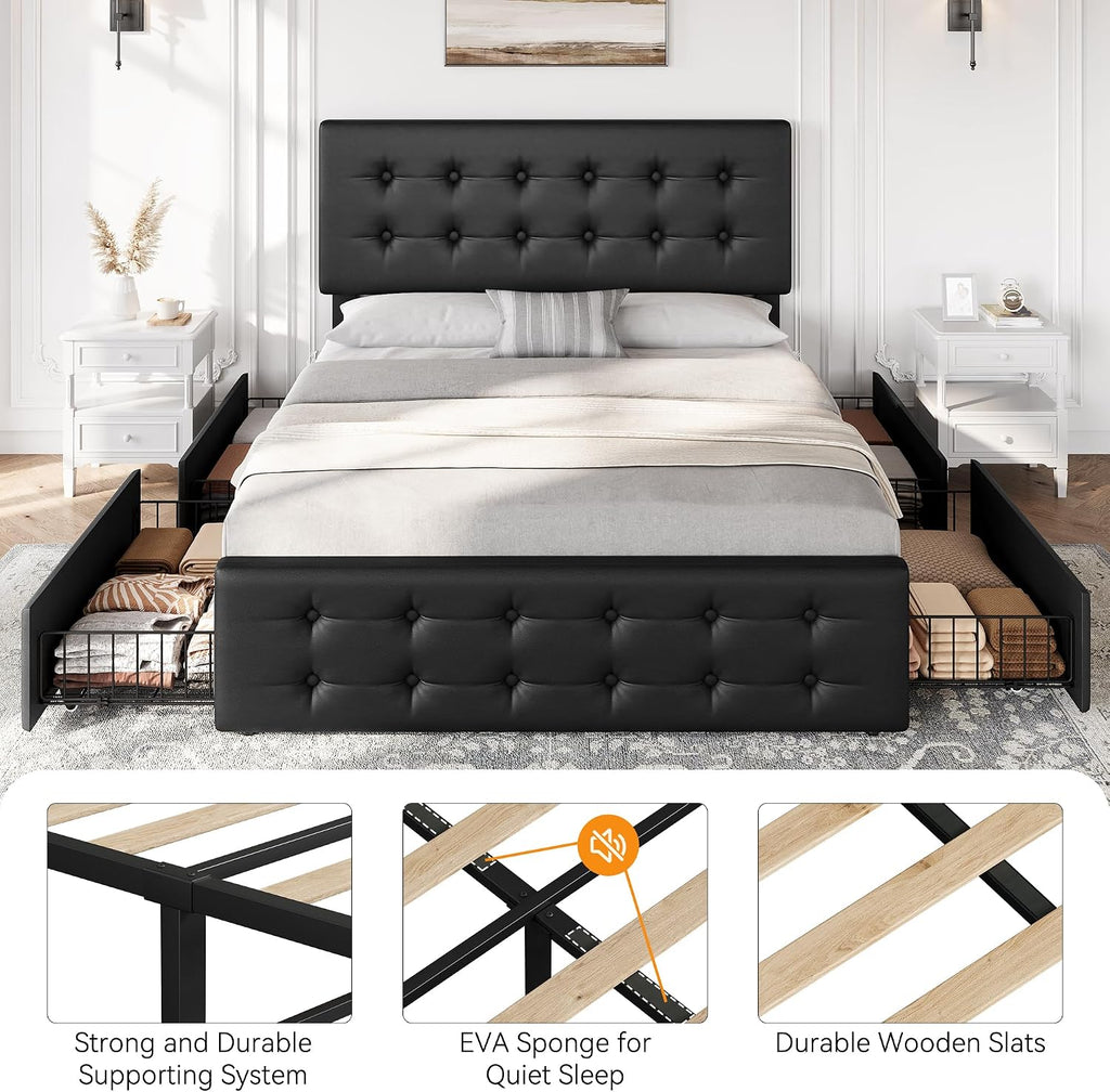 GAOMON Full Size Bed Frame with 4 Drawers and Adjustable Headboard, PU Leather Upholstered Platform Bed with Button Tufted Design, No Box Spring Needed, Strong Wooden Slats, Black