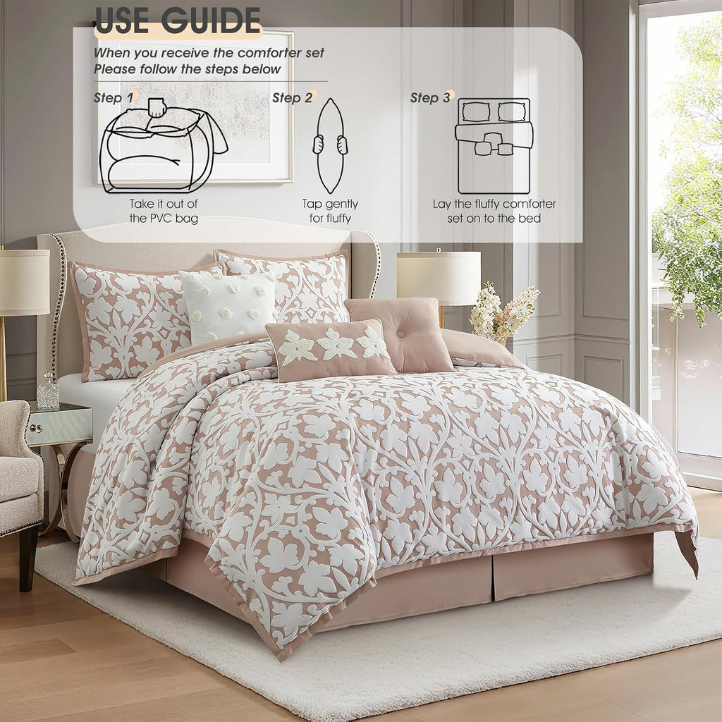 LANCO MODERN LIFESTYLE 7 Pieces Comforter Set, California King, Blush, Jacquard Floral Pattern and Classy Damask Medallion Design, Ultra Soft, Includes Bed Skirt, Shams and Decorative Pillows