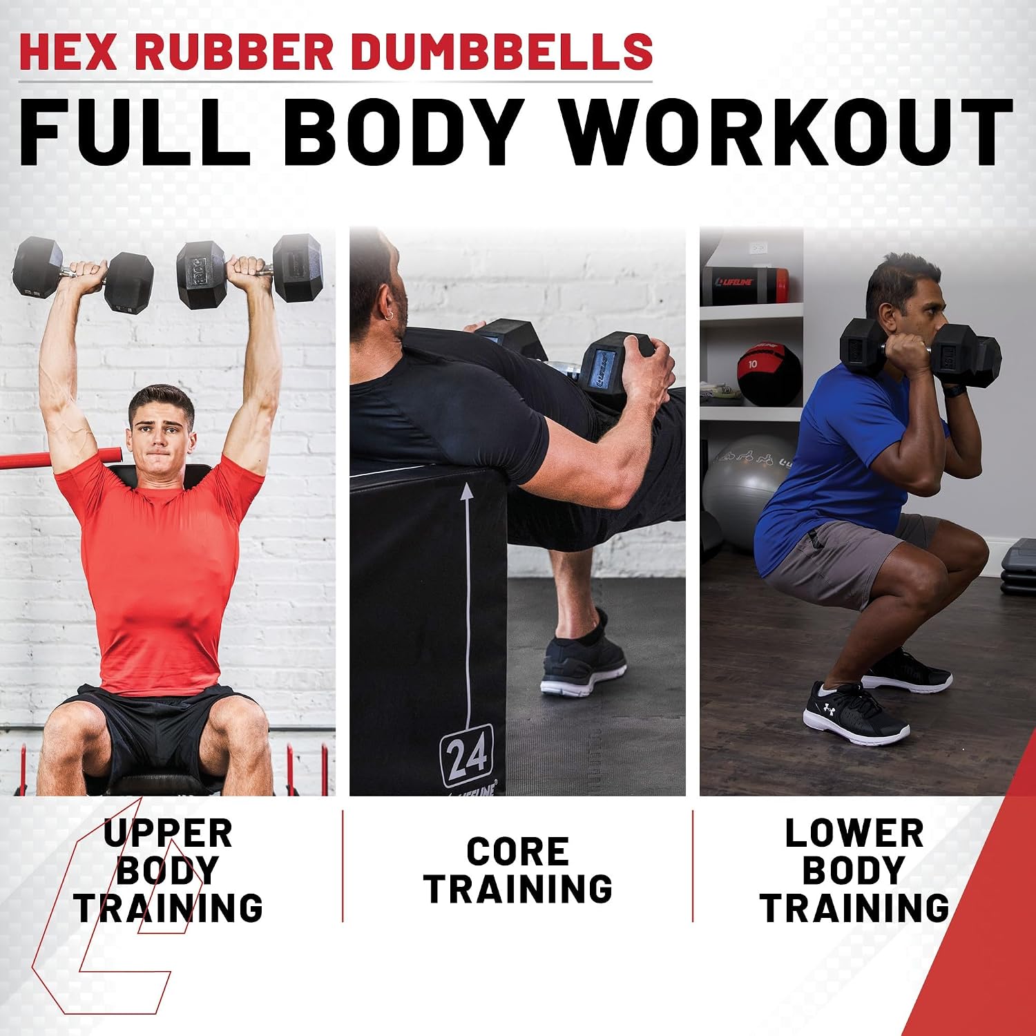 Lifeline Fitness Hex Dumbbells, Rubber Wrapped Hex Dumbbells, Premium Quality, Ergonomic Knurled Handle, Dumb Bells for Exercise, Home Gym Exercise Weights