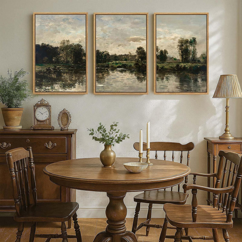 Framed Vintage Landscape Wall Art for Living Room, 3 Piece Rustic Lake Forest Canvas Artwork for Walls, Large Classic Nature Scenic Painting Prints for Bedroom Office Hallway Wall Decor, 20x30 Inch