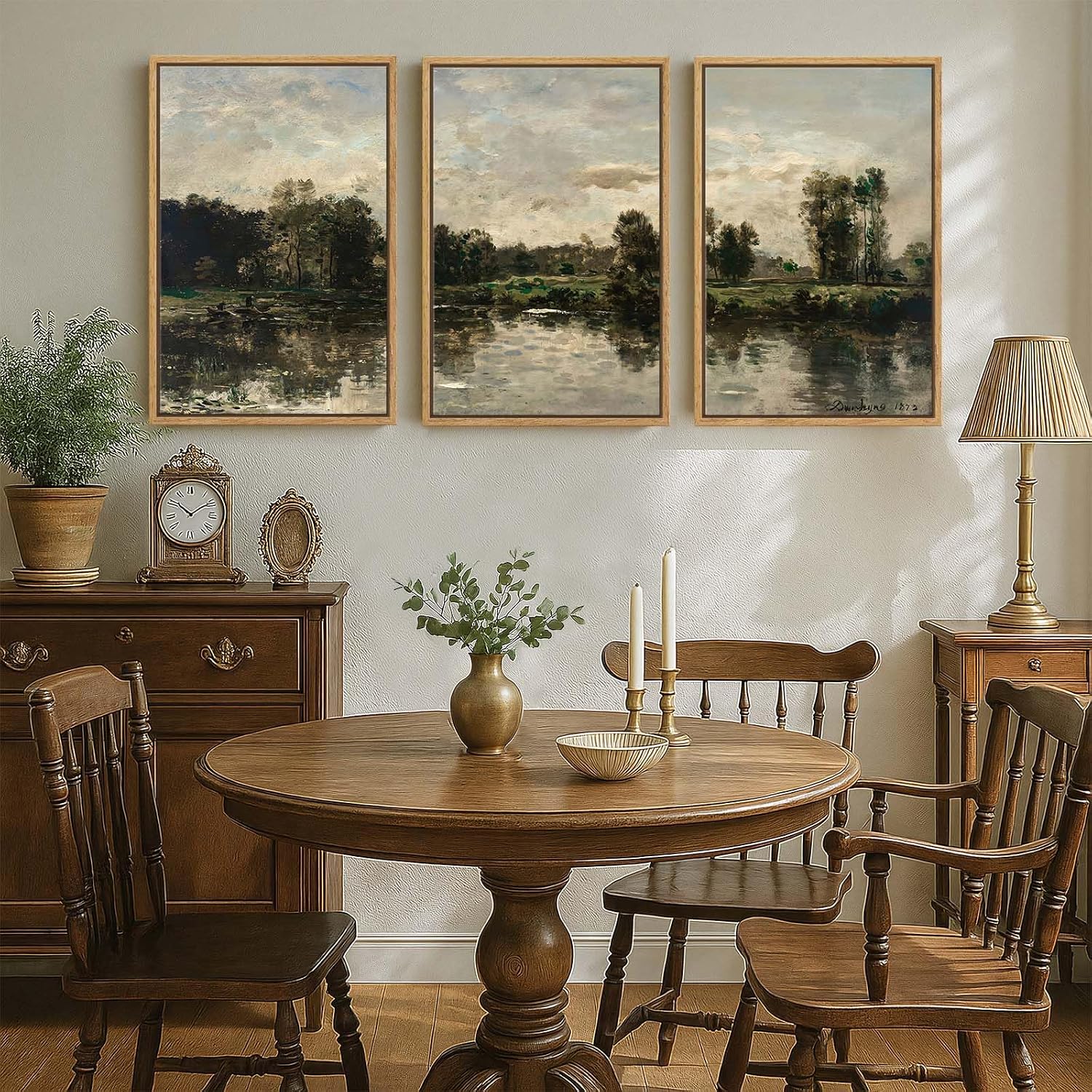 Framed Vintage Landscape Wall Art for Living Room, 3 Piece Rustic Lake Forest Canvas Artwork for Walls, Large Classic Nature Scenic Painting Prints for Bedroom Office Hallway Wall Decor, 20x30 Inch