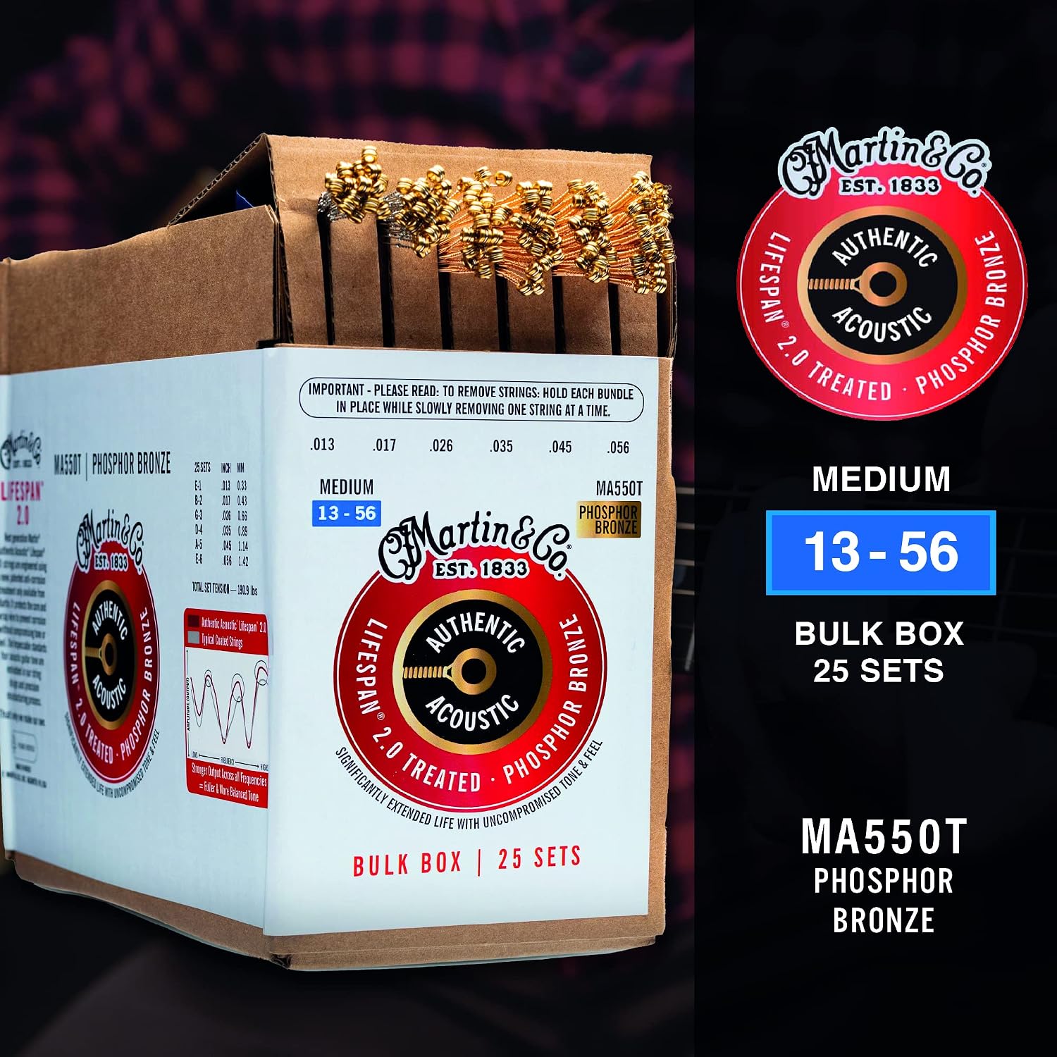 Martin Authentic Acoustic® Lifespan® 2.0 Guitar Strings – Phosphor Bronze, Medium Gauge, Bulk Box (25 Sets) | Bulk Box for Acoustic Guitar Players, Techs & Repair Shops