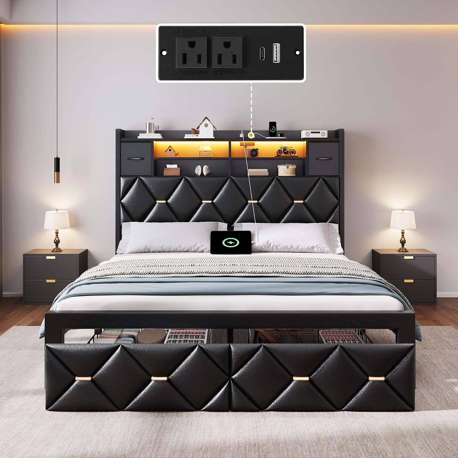 DWVO Full Size Bed Frame with 2 Storage Drawers and Storage Headboard, Upholstered Platform with Charging Station and LED Light, No Box Spring Needed, Noise Free, Easy Assembly, PU Leather Black