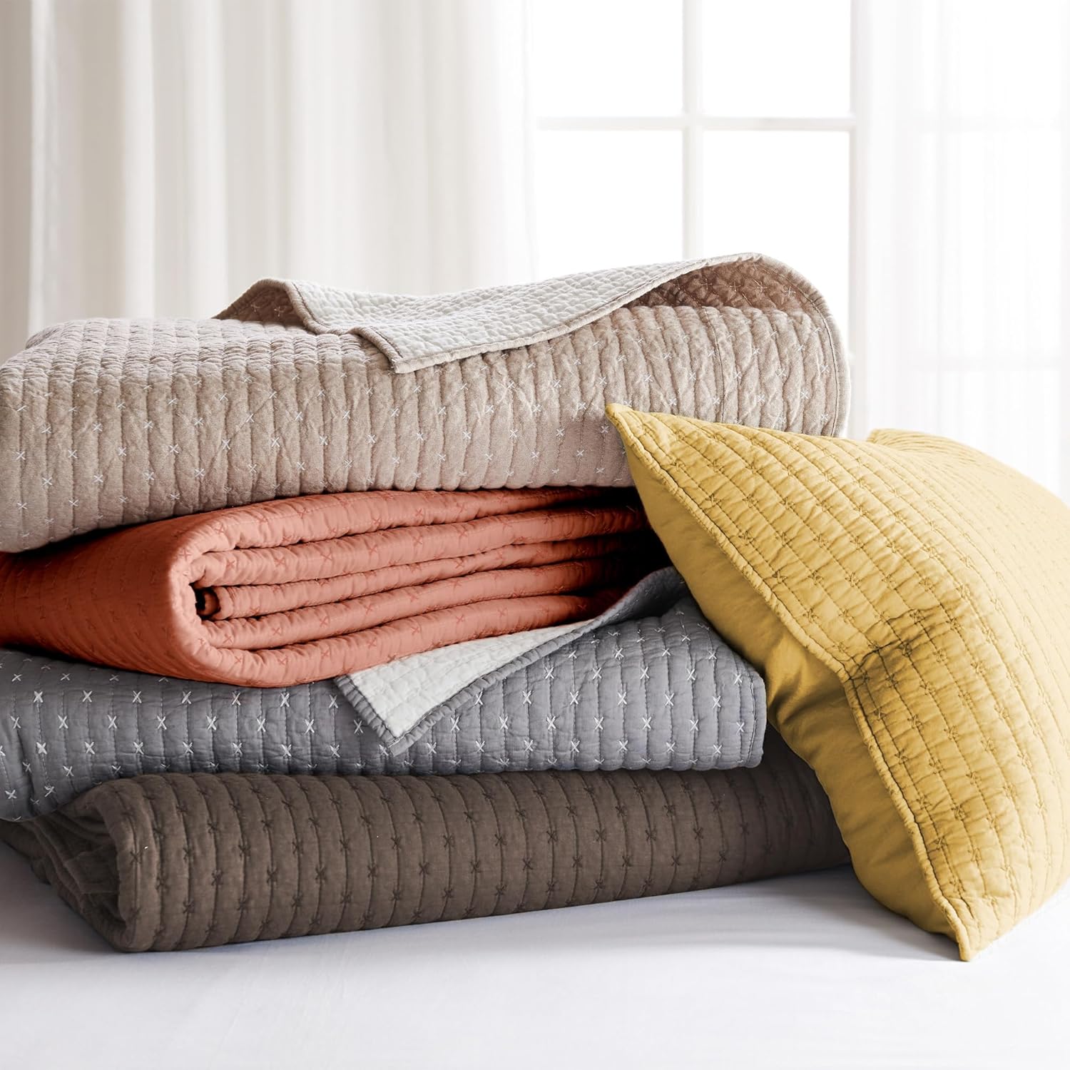 Levtex Home Cross Stitch Reversible King Bedspread Set (120x104in) with 2 Pillow Shams (36x20in) - Stitch Texture - Cocoa - Cotton King Size Bedspread Set - Soft, Pre-Washed