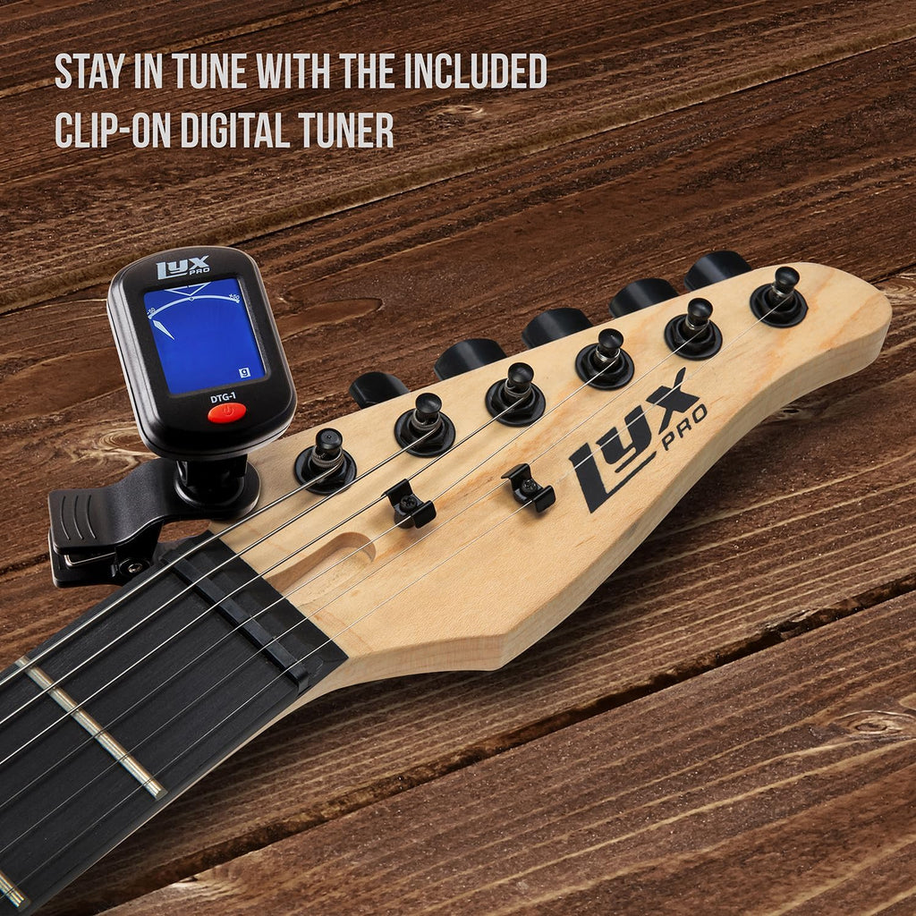 LyxPro 36 Inch Electric Guitar and Kit for Kids with 3/4 Size Beginner's Guitar, Amp, Six Strings, Two Picks, Shoulder Strap, Digital Clip On Tuner, Cable and Soft Case Gig Bag -Natural