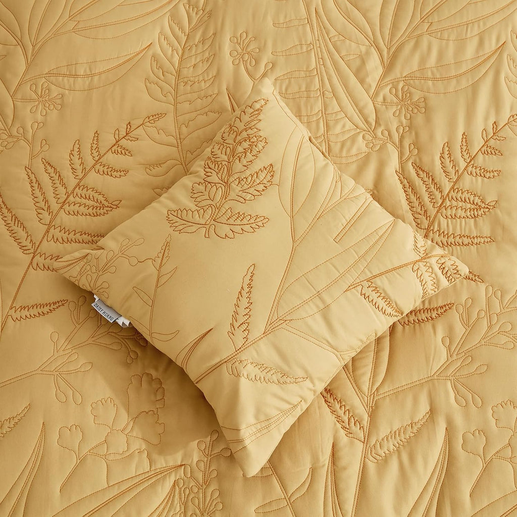 DaisyHuang Botanical Oversized Bedspread King Size - Leaves Pattern Stitching Quilt Set - Elegant & Fresh Style Bedding Coverlets, Reversible, Lightweight, 5 Piece, Honey Gold