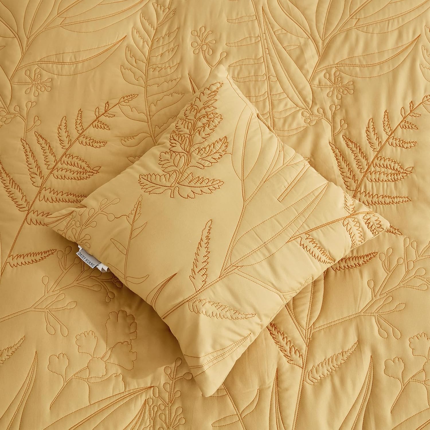 DaisyHuang Botanical Oversized Bedspread King Size - Leaves Pattern Stitching Quilt Set - Elegant & Fresh Style Bedding Coverlets, Reversible, Lightweight, 5 Piece, Honey Gold