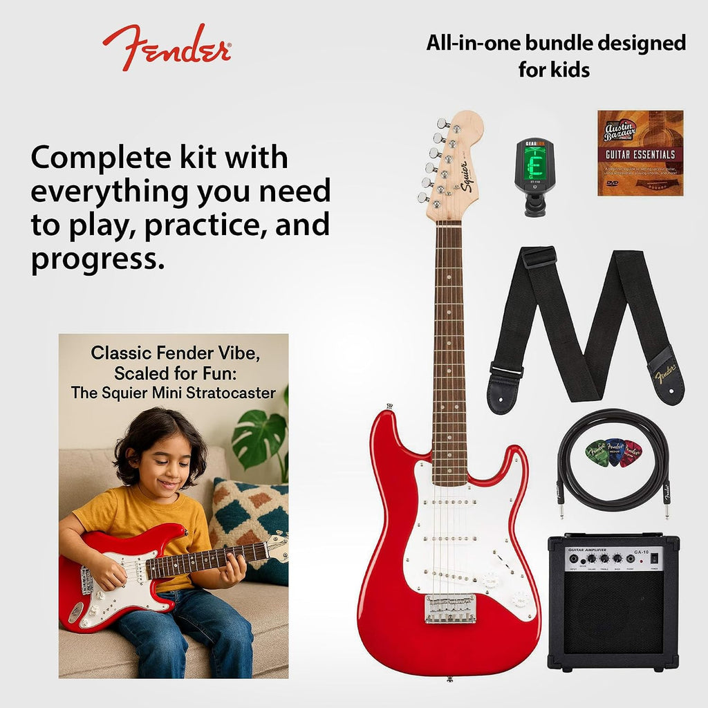 Fender Squier 3/4-Size Kids Mini Strat Electric Guitar - Dakota Red Bundle with Amplifier, Instrument Cable, Tuner, Strap, Picks, and Austin Bazaar Instructional DVD
