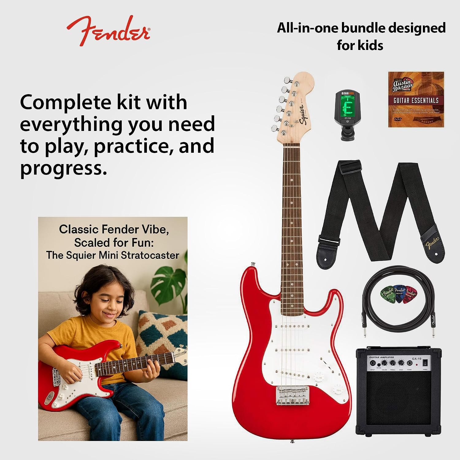 Fender Squier 3/4-Size Kids Mini Strat Electric Guitar - Dakota Red Bundle with Amplifier, Instrument Cable, Tuner, Strap, Picks, and Austin Bazaar Instructional DVD