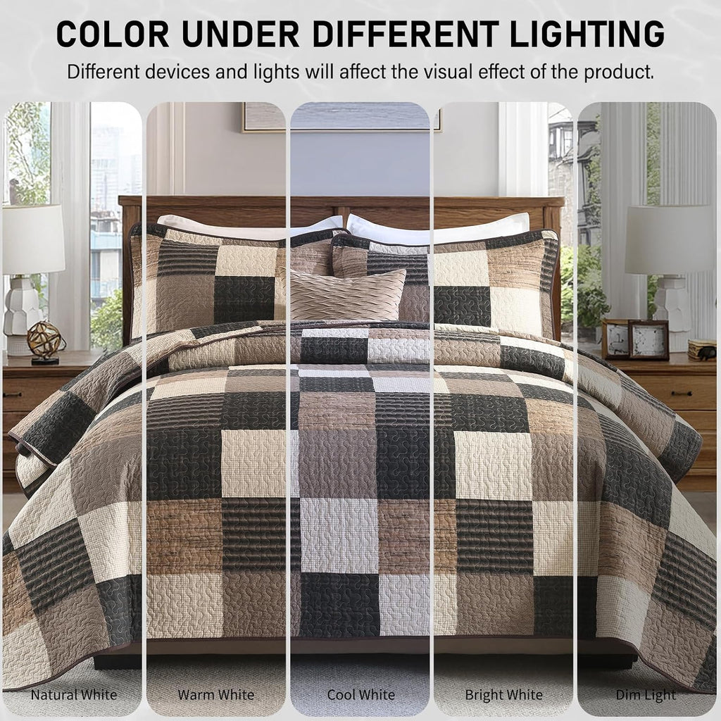 KALOOLA 100% Cotton King Size Quilt Set - Lightweight Farmhouse Quilted Bedspread with 2 Pillowshams for King Bed, Reversible Printed Plaid Design Bedding for All Season, Charcoal/Beige/Brown, 3Pcs