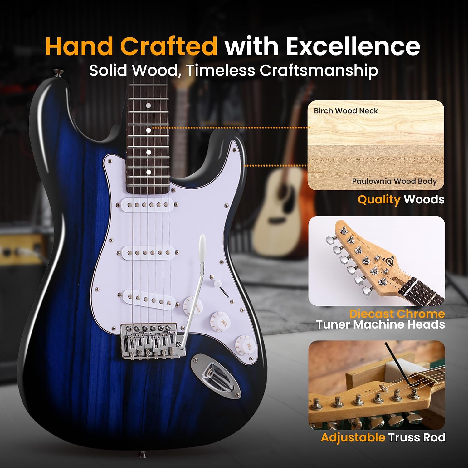 Pyle Electric Guitar and Amp Kit - Full Size 39' Complete Starter Kit with Wearable Bluetooth Amplifier, 1/4' Cable, Carry Case, Strap, Strings, Picks, Cleaning Cloth, ST-Style Pickups (Blue Burst)