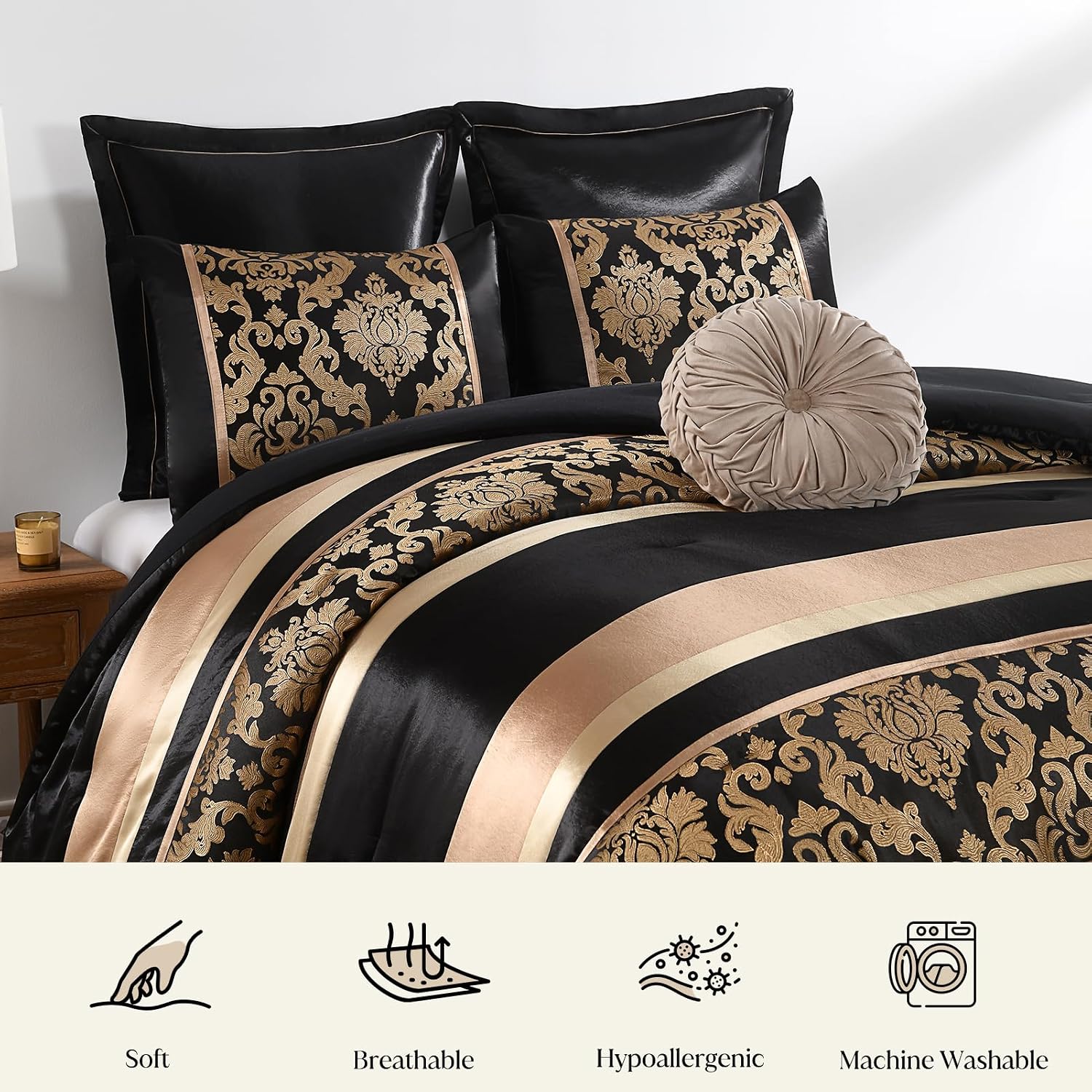 CozyDH Black Gold Floral Comforter Set California King - 7 Piece Luxury Jacquard Bed in a Bag Vintage Patchwork, All Season Down Alternative Bedding with Bed Skirt, Shams, Decorative Pillow, 104x96 in