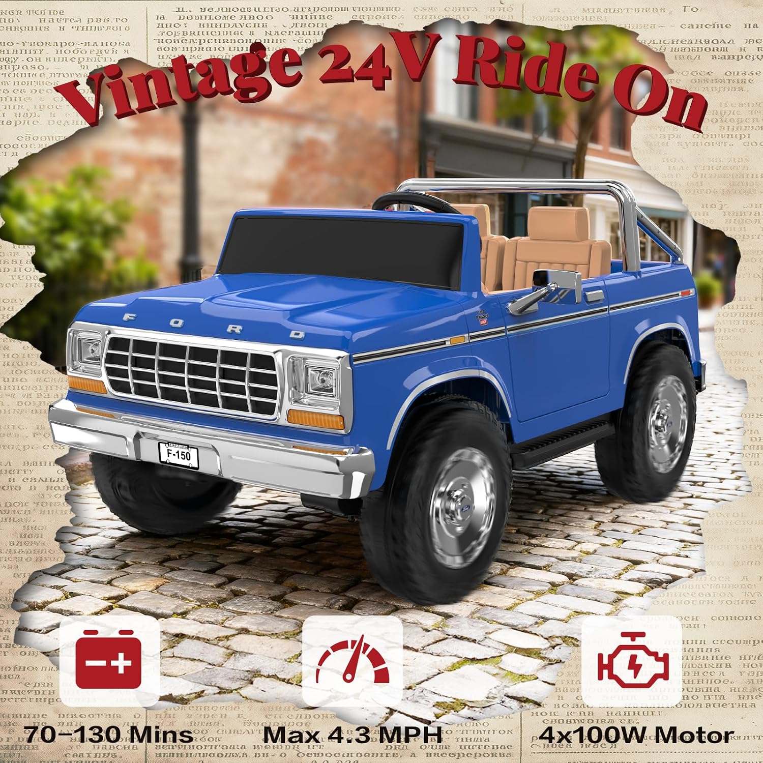 ANPABO Licensed Ford F-150 24V 2 Seater Ride on Car for Kids, 4x100W Motors for All-Terrain Electric Car w/Parental Remote, Retro Style, 3-Speeds, Large Storage Box, Music Player, Aged 3-8, Dark Blue