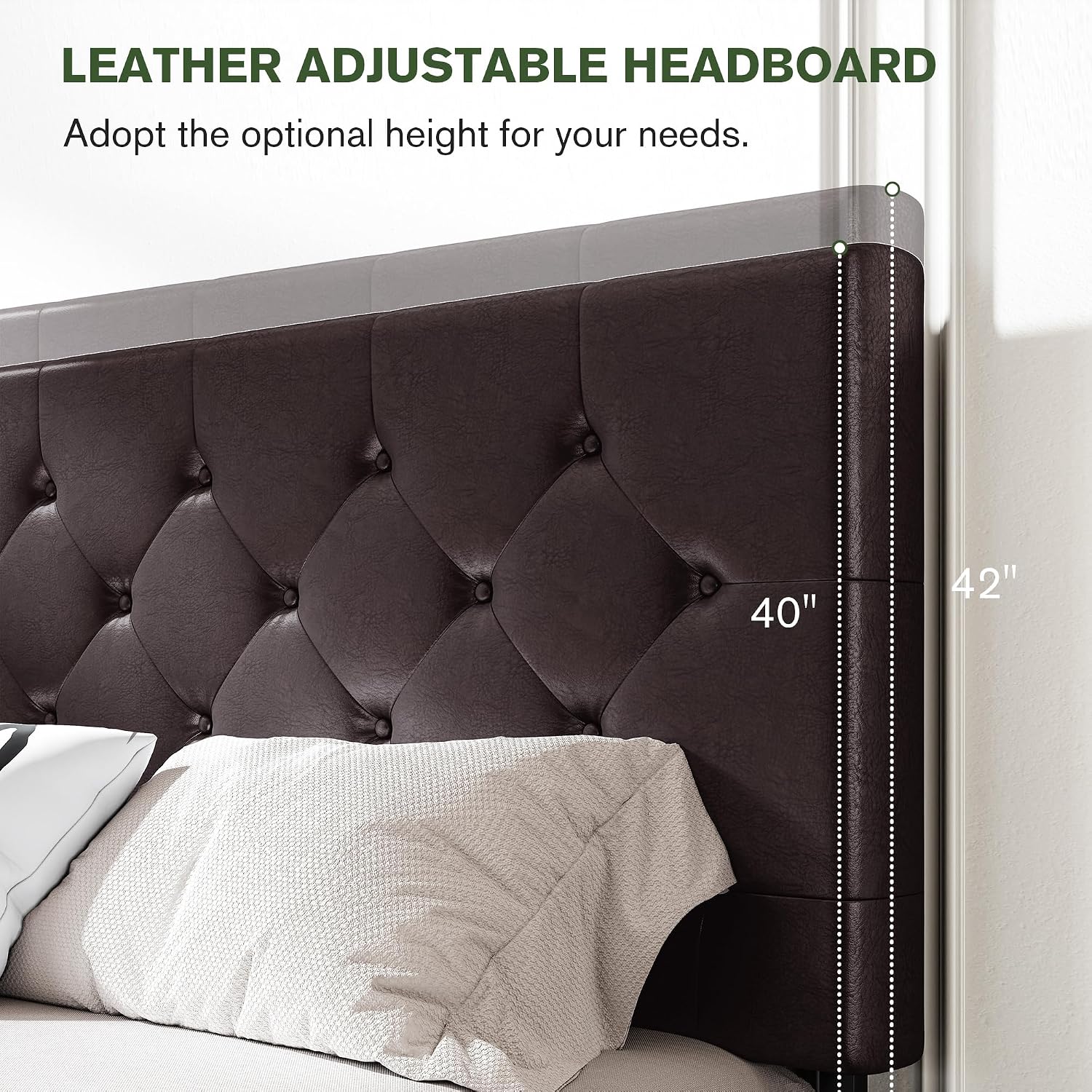 MUTICOR Full Size Bed Frame with 4 Storage Drawers, Upholstered Platform Bed with Button Tufted Adjustable Headboard, No Box Spring Needed, Easy Assembly, Diamond Tufted, Black Brown Leather