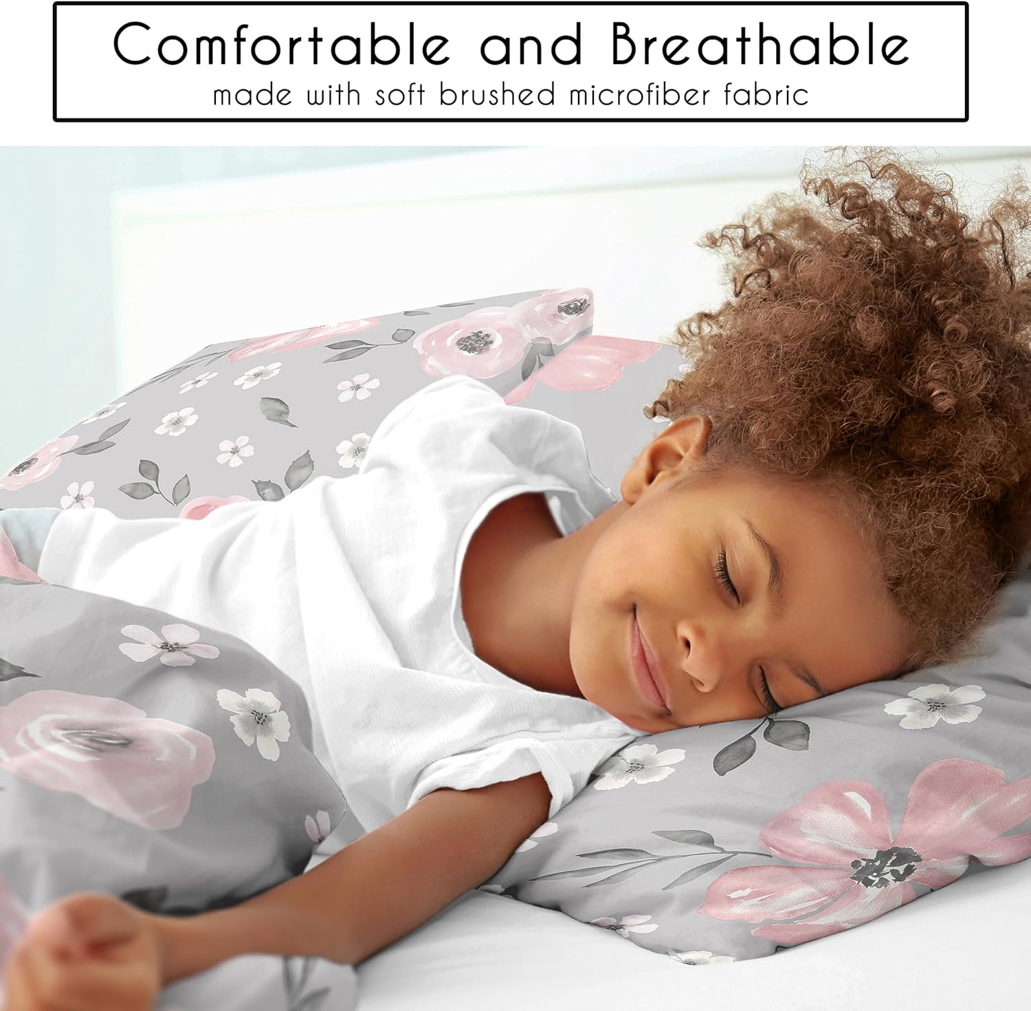 Sweet Jojo Designs Grey Watercolor Floral Girl Full/Queen Bedding Comforter Set Kids Childrens Size - 3 Pieces - Blush Pink Gray and White Shabby Chic Rose Flower Polka Dot Farmhouse