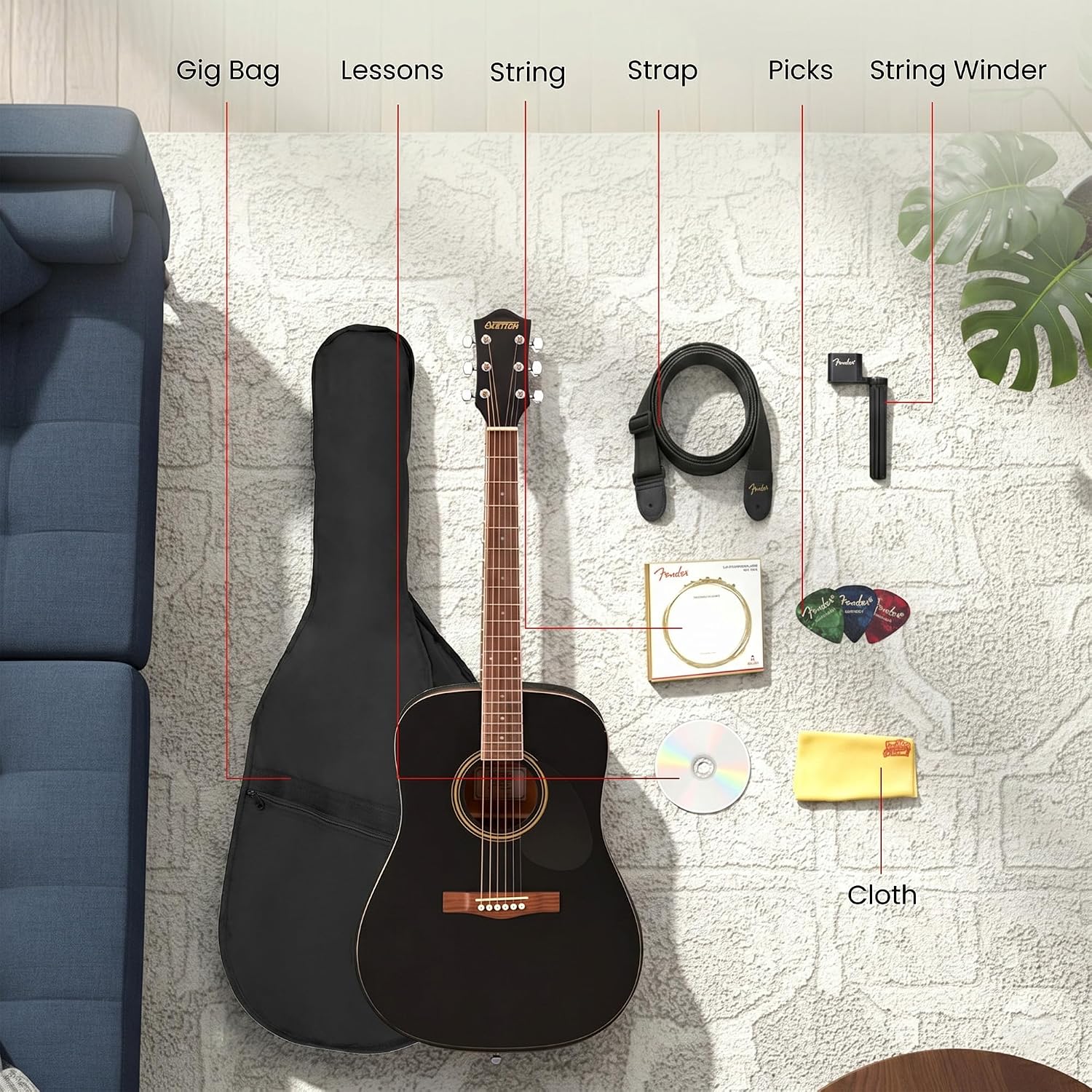 Gretsch Prelude D100 Dreadnought Acoustic Guitar - Black Bundle with Gig Bag, Strap, Strings, String Winder, Picks, Austin Bazaar Instructional DVD, and Polishing Cloth