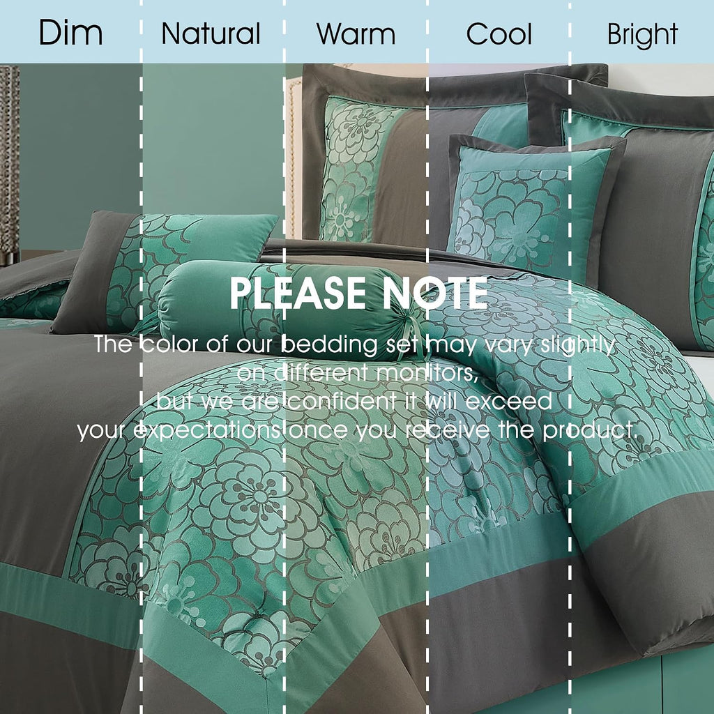 LANCO MODERN LIFESTYLE 7 Piece King Size Comforter Set, Aqua Grey, Elegant Floral Jacquard, Stylish and Cozy Bedding Collection, Premium Bedding Set with Bedskirt, Shams and Pillows