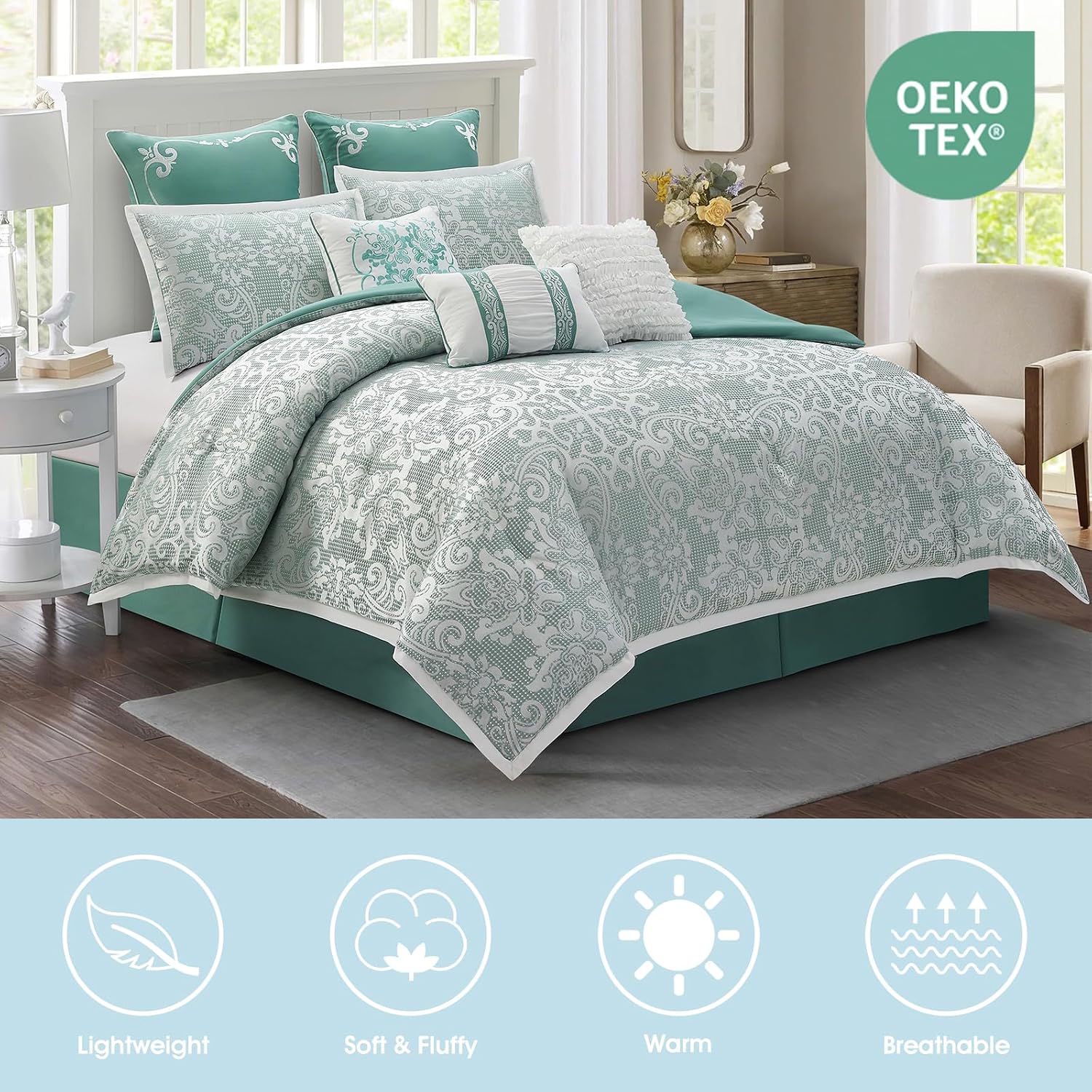 LANCO MODERN LIFESTYLE 9 Piece King Comforter Set, Sage Jacquard Damask, Bed in a Bag, All Seasons Bedding with Shams, Euro Shams, Bed Skirt and Decorative Pillows