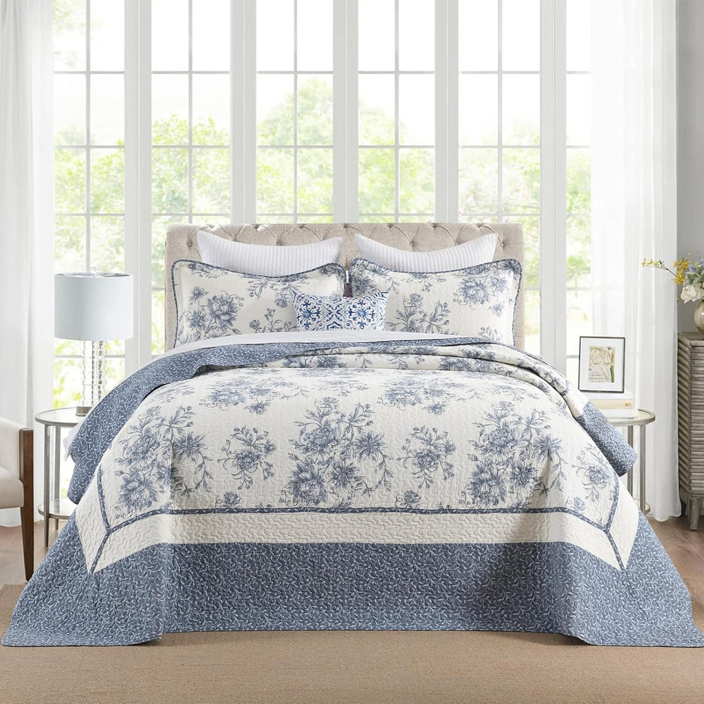 Floral Bedspread 128'x120' California King Bedspread, 100% Cotton XL Oversized King Quilt with 2 Pillowshams, Lightweight Garden Quilted Bedspreads Coverlet Set, Blue/Cream, 3 Pcs