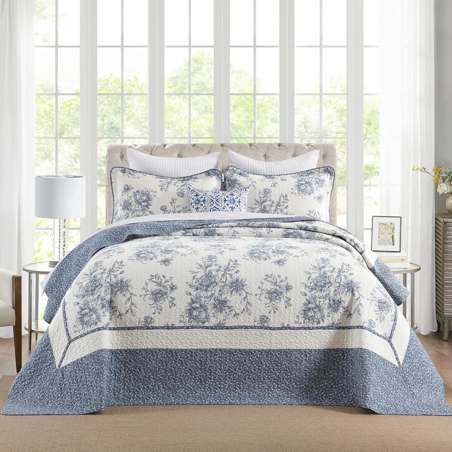 Floral Bedspread 128'x120' California King Bedspread, 100% Cotton XL Oversized King Quilt with 2 Pillowshams, Lightweight Garden Quilted Bedspreads Coverlet Set, Blue/Cream, 3 Pcs