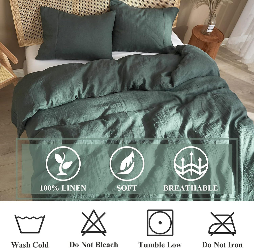 Ivellow Green Linen Duvet Cover King - 100% Pure French Flax Linen - Soft, Breathable, Natural - King Size Duvet Cover & 2 Pillow Shams