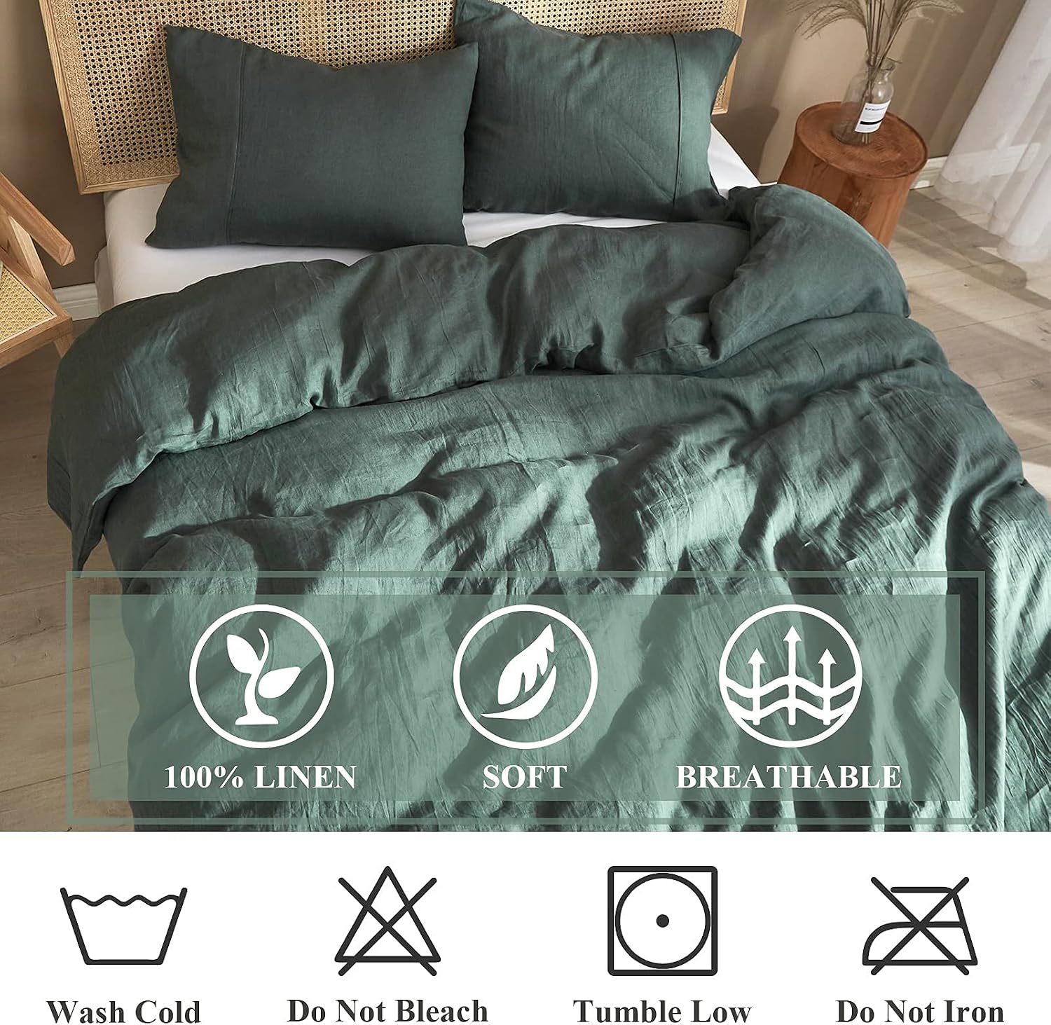 Ivellow Green Linen Duvet Cover King - 100% Pure French Flax Linen - Soft, Breathable, Natural - King Size Duvet Cover & 2 Pillow Shams