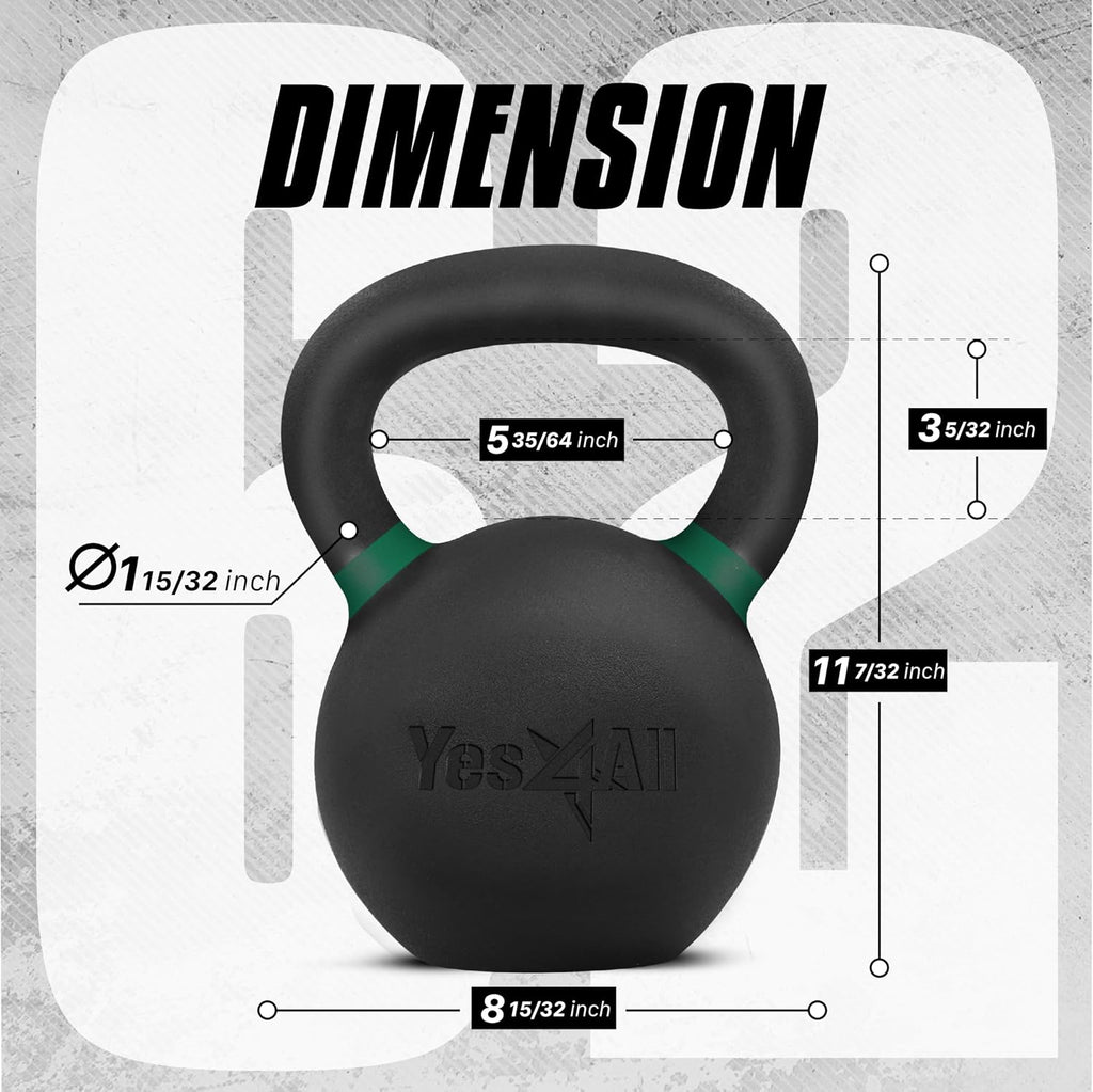 Yes4All Powder Coated Kettlebell, Cast Iron Core Kettlebells with Non-Slip Handle & Flat Bottom for Conditioning, Heavy Duty for Strength Training, 9lb to 71lb - Single & Pair