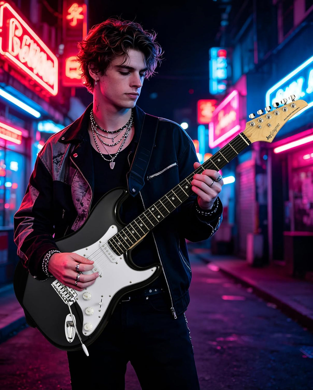Leo Jaymz Beginner Electric Guitar 39' Kit with Portable Amplifier, Padded Gig Bag, Digital Tuner，Capo，Strap，Picks，HSS Pickups(Black-HSS)