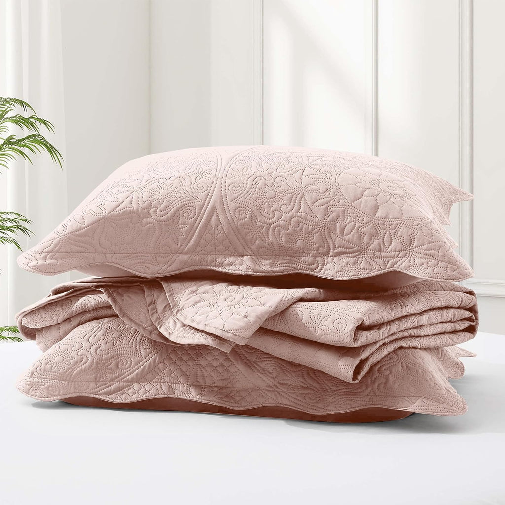 MOONLIGHT20015 8 Pack California King Quilt Bedding Set (118'x106') - Bulk Wholesale for Hotels, Guest Bedroom & Airbnbs - Microfiber Reversible Floral Embossed Quilts Bedspreads (Peach/Baby Pink)