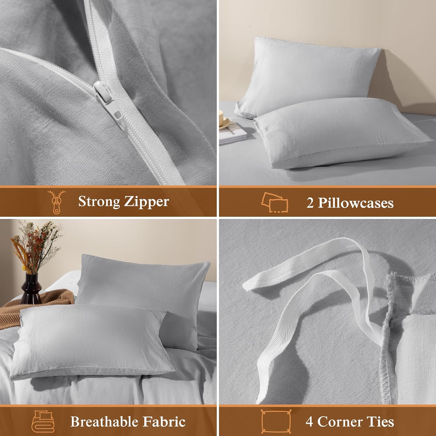 LBRO2M 100% France Linen Duvet Cover Set 3 Pcs Natural Flax Duvet Cover Set 2 Pillowcase 1 Duvet Cover with Zipper (Gray Full)