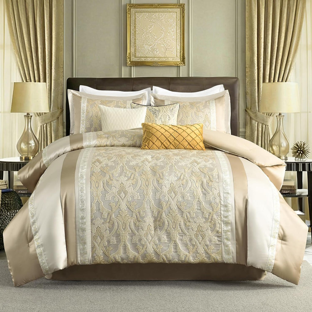 SahSahCasa 7-Piece Luxury King Comforter Set, Bed in a Bag King, Jacquard Silky Fluffy Comforter Bedding Set with Bed Skirt, Decorative Pillows, Elegant Reversible, Down-Alternative, Champagne