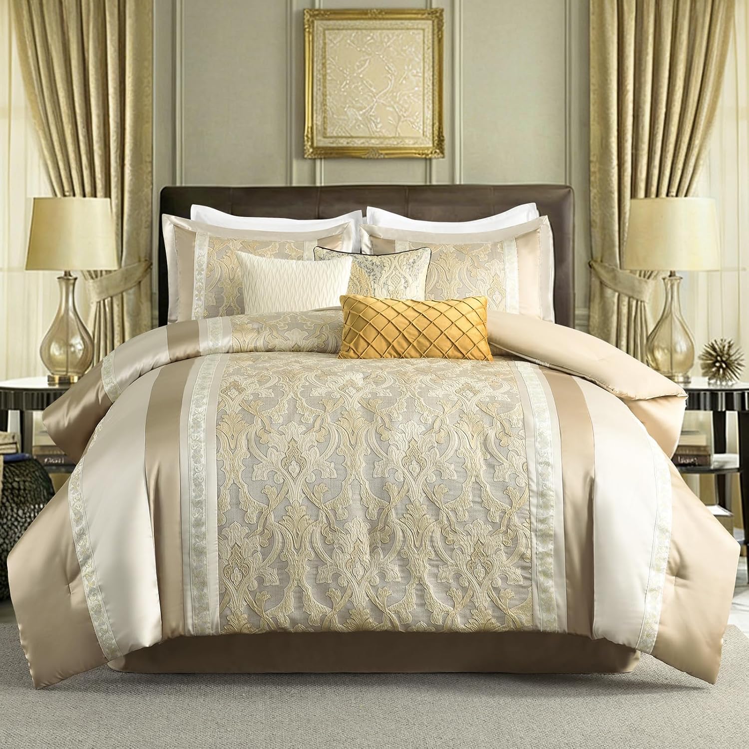 SahSahCasa 7-Piece Luxury King Comforter Set, Bed in a Bag King, Jacquard Silky Fluffy Comforter Bedding Set with Bed Skirt, Decorative Pillows, Elegant Reversible, Down-Alternative, Champagne