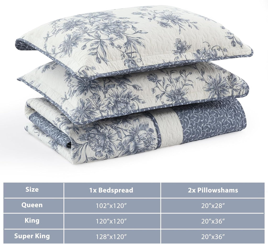 Floral Bedspread 128'x120' California King Bedspread, 100% Cotton XL Oversized King Quilt with 2 Pillowshams, Lightweight Garden Quilted Bedspreads Coverlet Set, Blue/Cream, 3 Pcs
