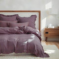 Simple&Opulence 100% Linen Duvet Cover Set, 3 PCS Natural French Flax Purple Ruffle Duvet Cover King Size, Breathable Comfy Linen Bedding Comforter Cover with 2 Pillowcases (Purple, 104' X 92')
