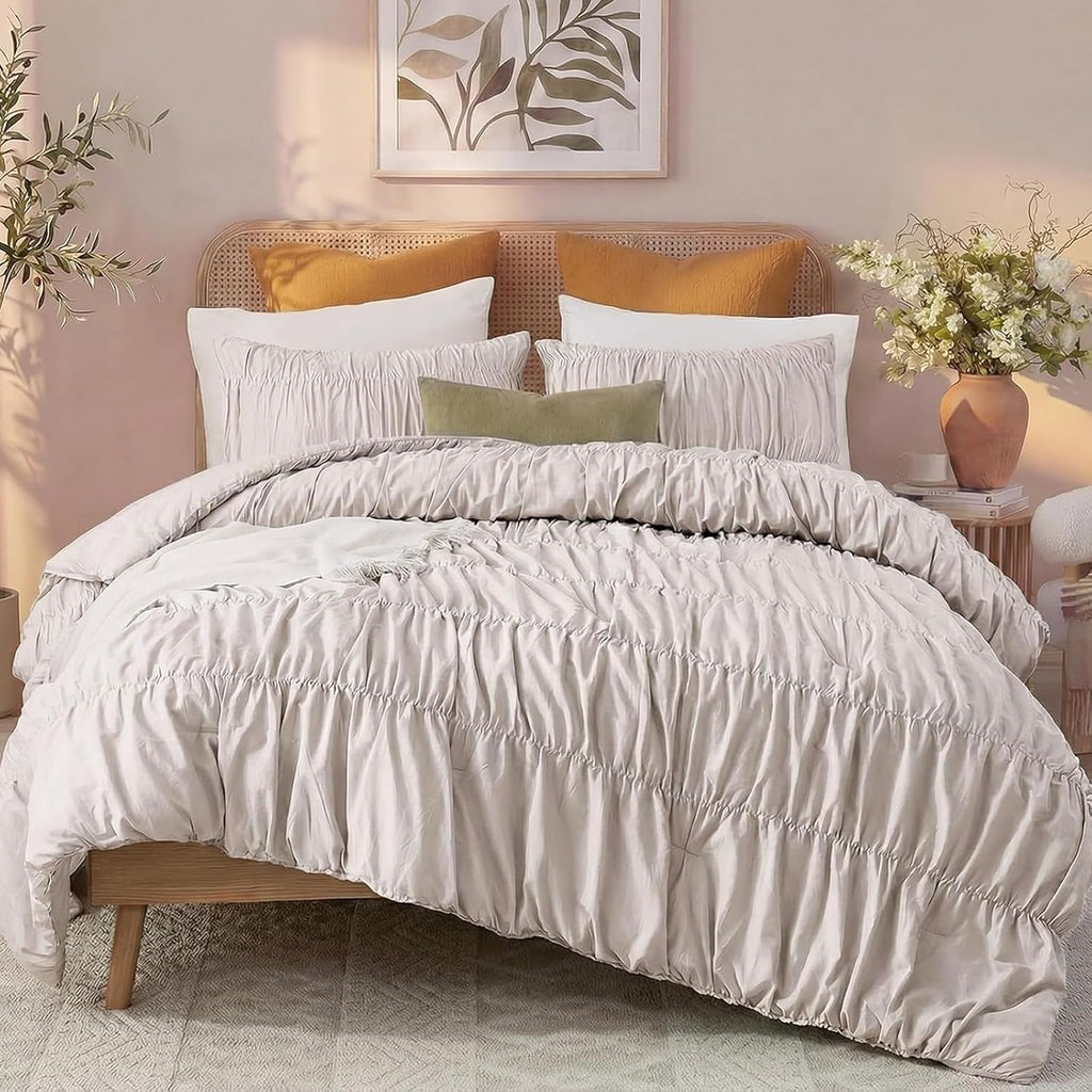 Bedbay Cotton Ruched Comforter for King Size Bed,Breathable Cotton Boho Comforter Set,Shabby Chic Ruffle Bedding Vintage Farmhouse Quilt Set,Soft Durable 3 Pcs Fluffy Comforter Bedroom Decor