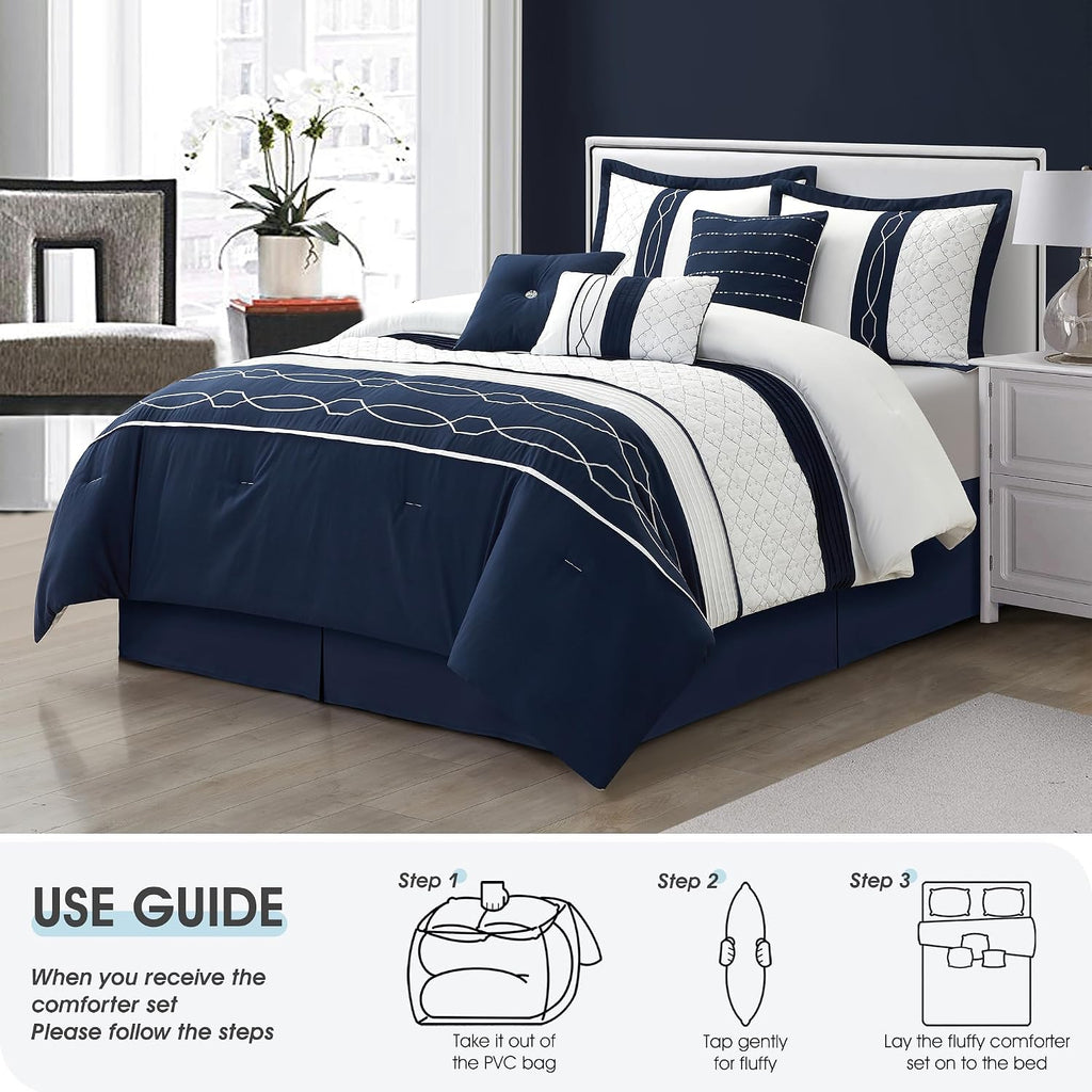 LANCO MODERN LIFESTYLE 7 Piece Comforter Set, California King, White Navy Geometric Design, 100% Polyester, Luxury All Seasons Bed Set Includes Comforter, Bed Skirt, Pillow Shams and Decor Pillows