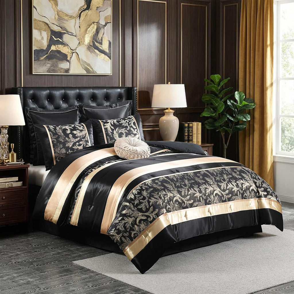 CozyDH Black Gold Comforter Set King Size - 7 Piece Luxury Jacquard Silky Bed in a Bag, Vintage Floral Striped Damask, All-Season Down Alternative Bedding with Bed Skirt, Shams, Decorative Pillow