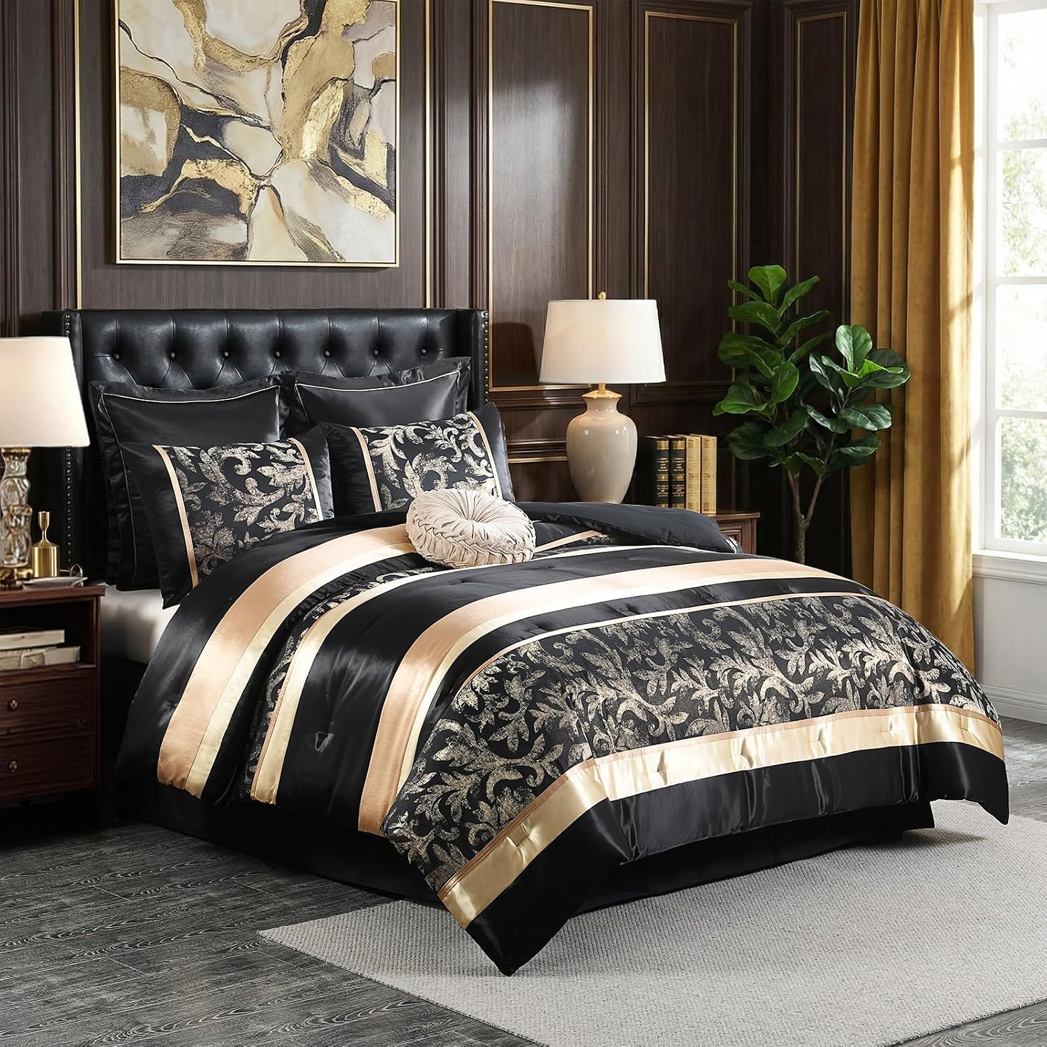 CozyDH Black Gold Comforter Set King Size - 7 Piece Luxury Jacquard Silky Bed in a Bag, Vintage Floral Striped Damask, All-Season Down Alternative Bedding with Bed Skirt, Shams, Decorative Pillow