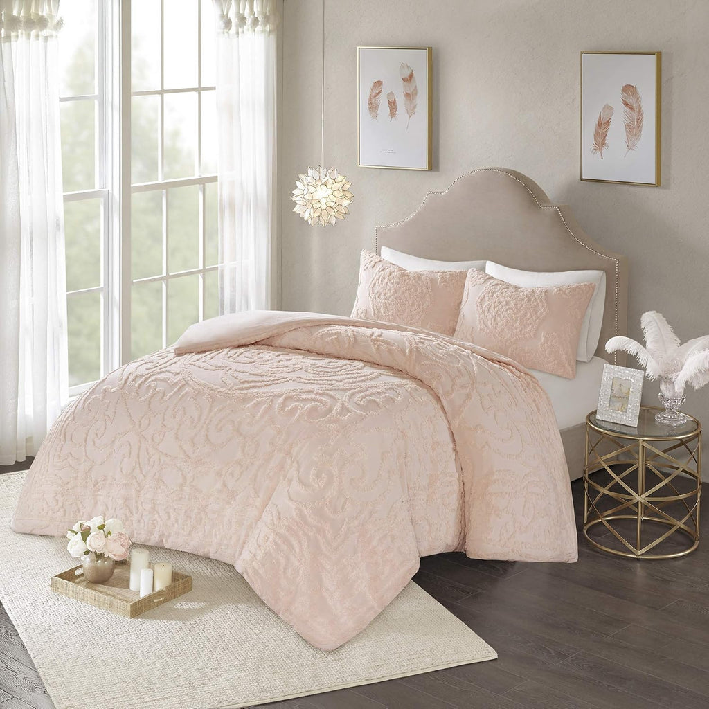 Madison Park Laetitia 100% Cotton Duvet Set-Chenille Tufted Medallion Design All Season Cozy Bedding Shabby Chic Comforter Cover, Matching Shams, King/California King (104 in x 92 in), Floral Blush