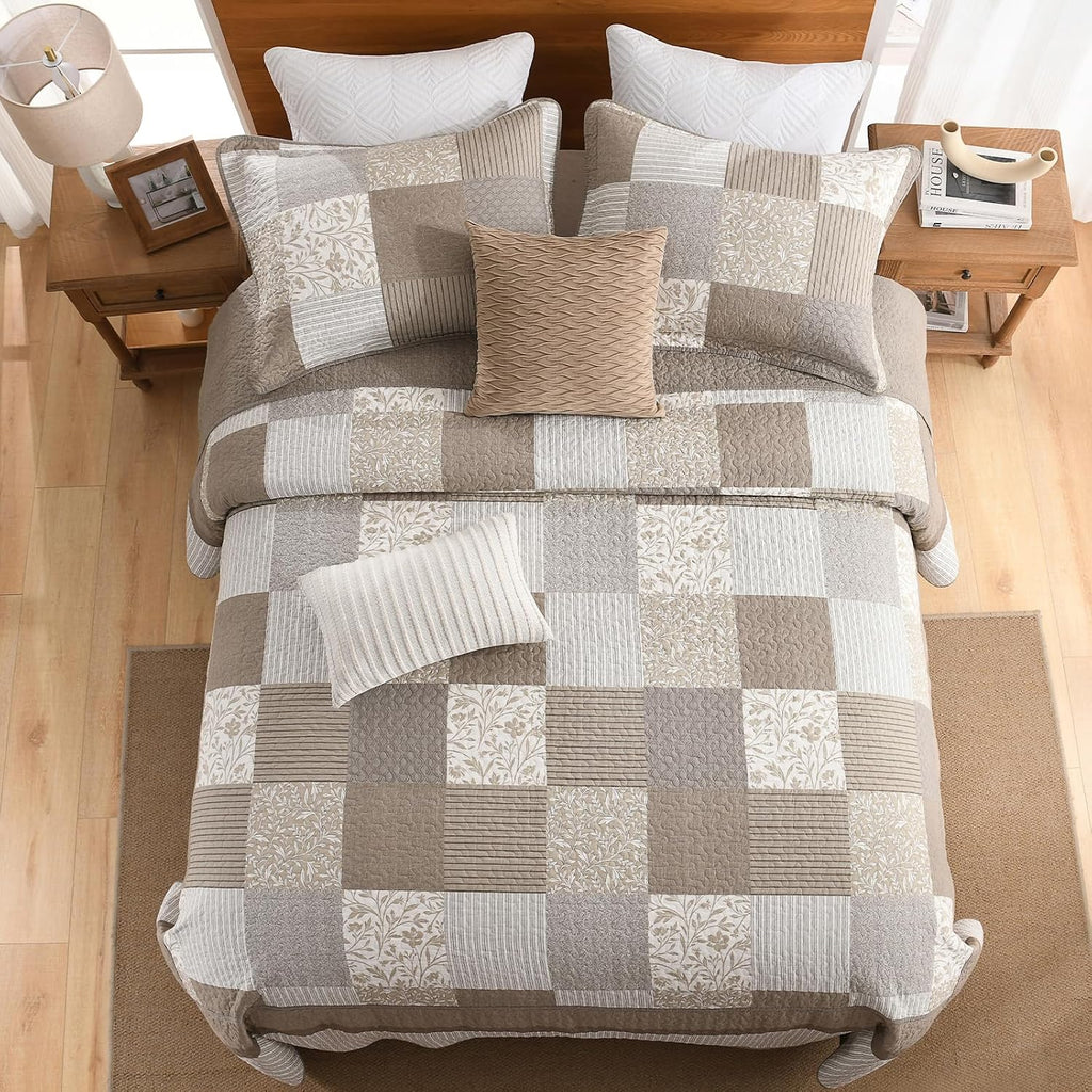 Plaid Bedspread 128'x120' Oversized California King Bedspread, 100% Cotton XL Oversized King Quilt, Lightweight Farmhouse Quilted Bedspreads Coverlet Set, Gray/Beige/Brown, 3 Pcs