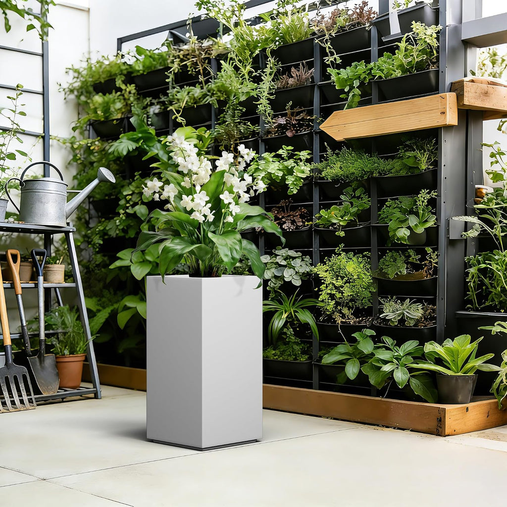 Kante 27.6' H Tall Rectangular Concrete Planter, Modern Square Diameter Plant Pot with Drainage Hole and Rubber Plug for Indoor Outdoor Home Patio Garden, Pure White