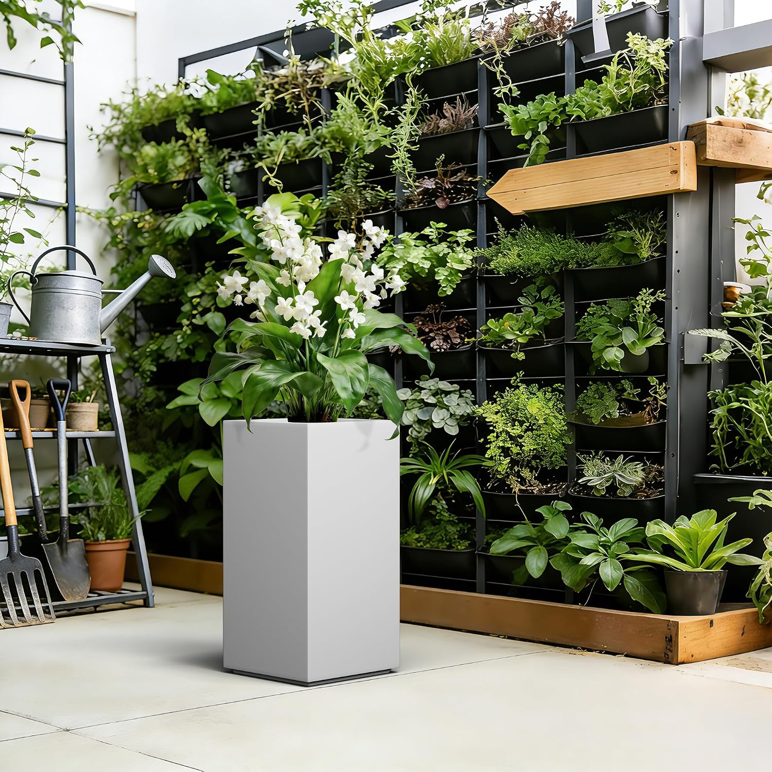 Kante 27.6' H Tall Rectangular Concrete Planter, Modern Square Diameter Plant Pot with Drainage Hole and Rubber Plug for Indoor Outdoor Home Patio Garden, Pure White
