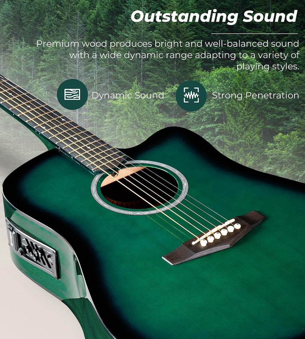 Vangoa Acoustic Electric Guitar Bundle for Beginner Teen Adult Full Size Cutaway Acoustic Guitar Starter Kit Set with Built-in Pickups Bag Tuner Strap Capo Picks Cable, Glossy Green