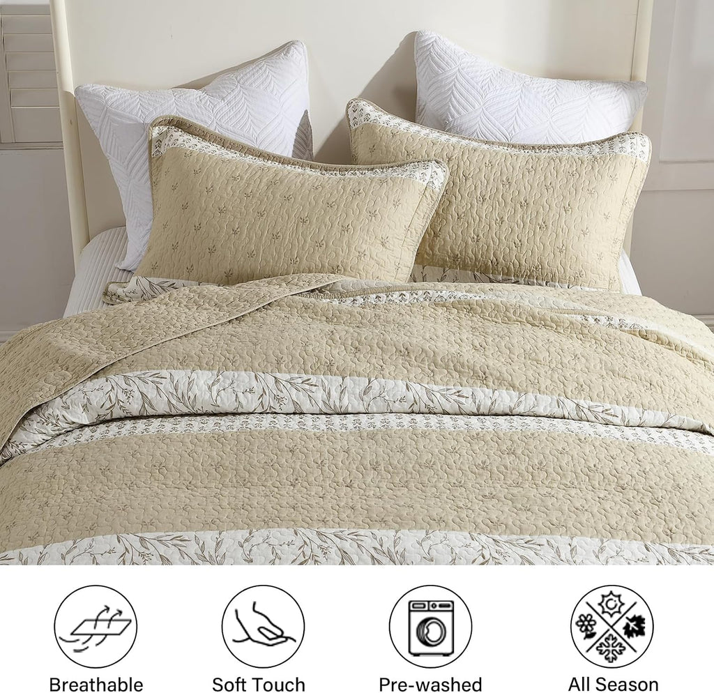 Finlonte 100% Cotton 128'x120' Oversized California King Bedspread, King Size Quilted Bedspread Coverlet Extra Large Quilt, Floral Farmhouse XL Bed Spread Lightweight Comforter, Beige/Taupe/Cream