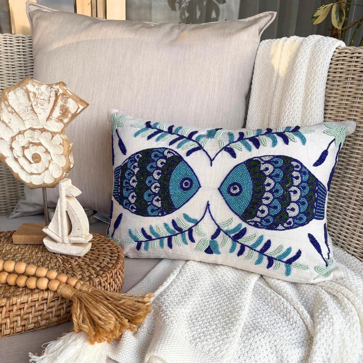 The HomeCentric Decorative Oblong/Lumbar Throw Pillow Covers Accent Pillows Couch Sofa Pillow Case Pack of 2, 12'x24' (30x60 cm) White Silk Dupioni Bead Embroidery - Fish Tales