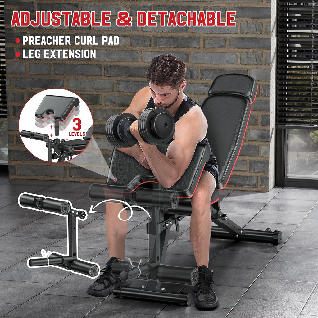 XDDIAS Workout Bench, Adjustable Weight Bench with Leg Extension and Leg Curl, Extended Headrest, 900LBS Preacher Curl Bench Incline Decline Flat Workout Bench for Home Gym Full Body Exercise