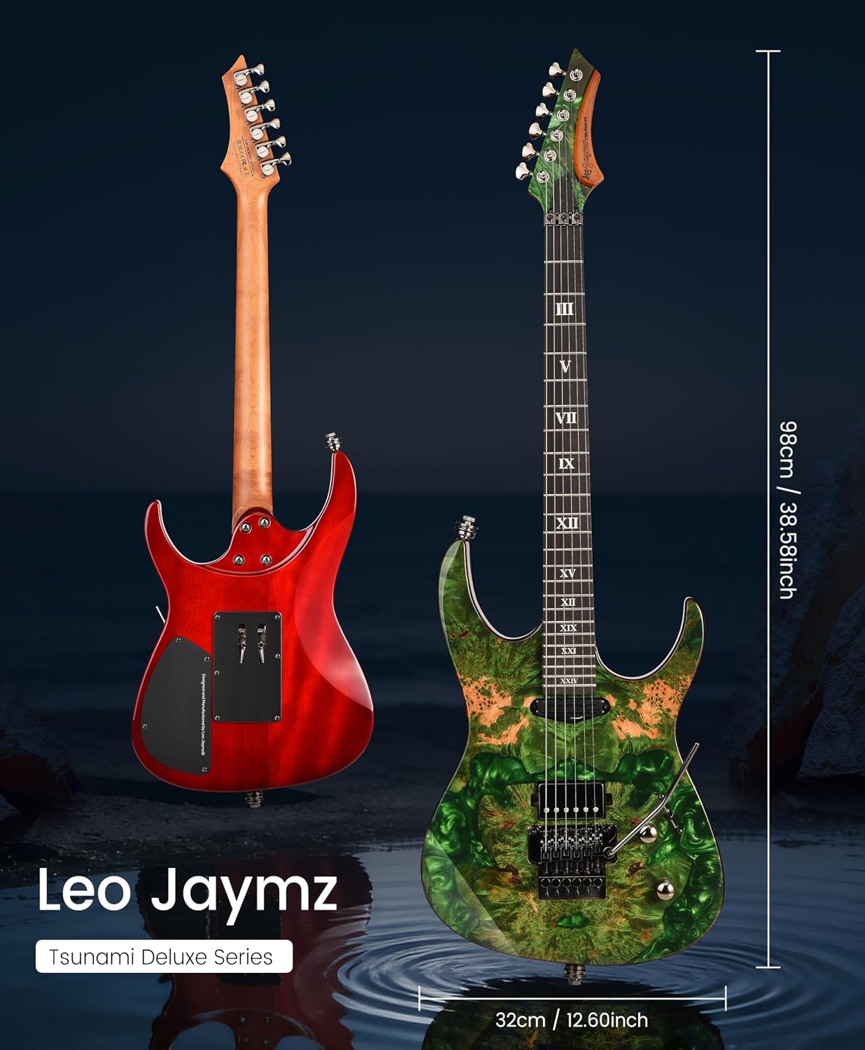 Leo Jaymz Tsunami Deluxe Mahogany Body & Roasted Maple Neck, HH Pickups with Rail, Double-Locking Tremolo, 24 Frets(Green)